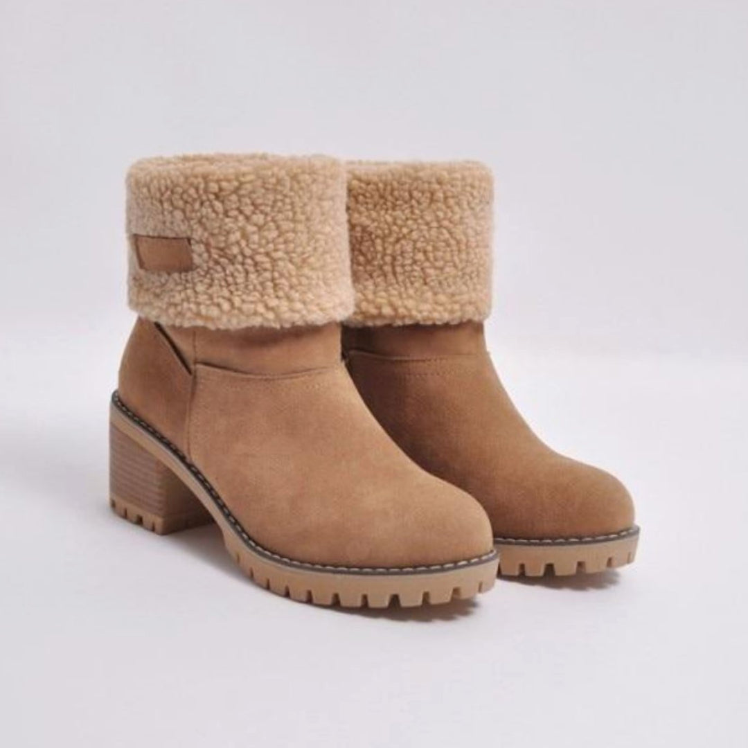 Women's Black Sherpa-Cuff Heeled Winter Ankle Boots - Brown