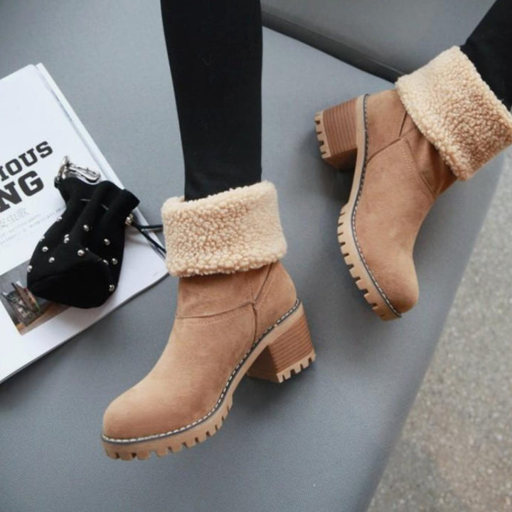Women's Black Sherpa-Cuff Heeled Winter Ankle Boots
