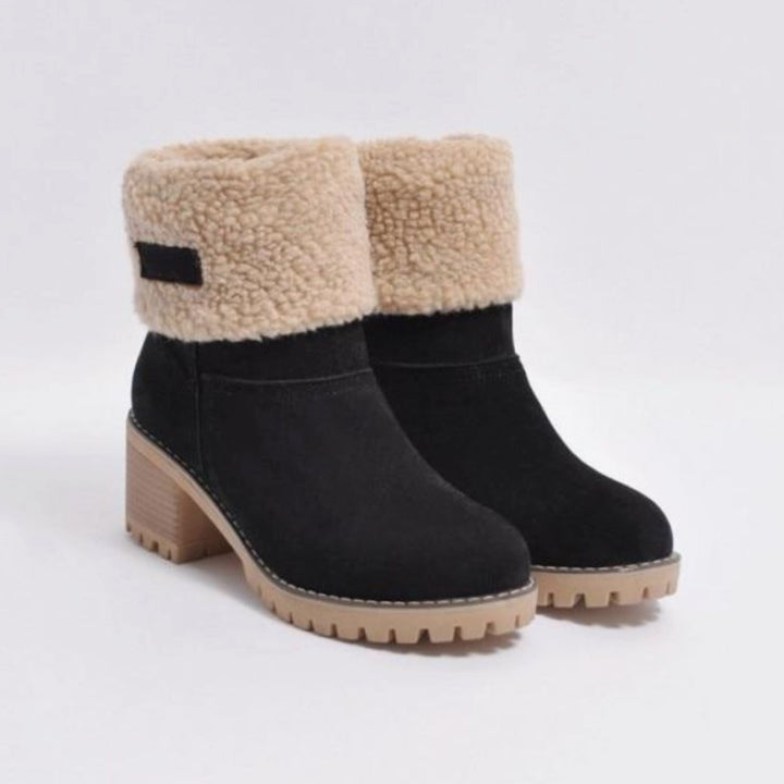 Women's Black Sherpa-Cuff Heeled Winter Ankle Boots - Black