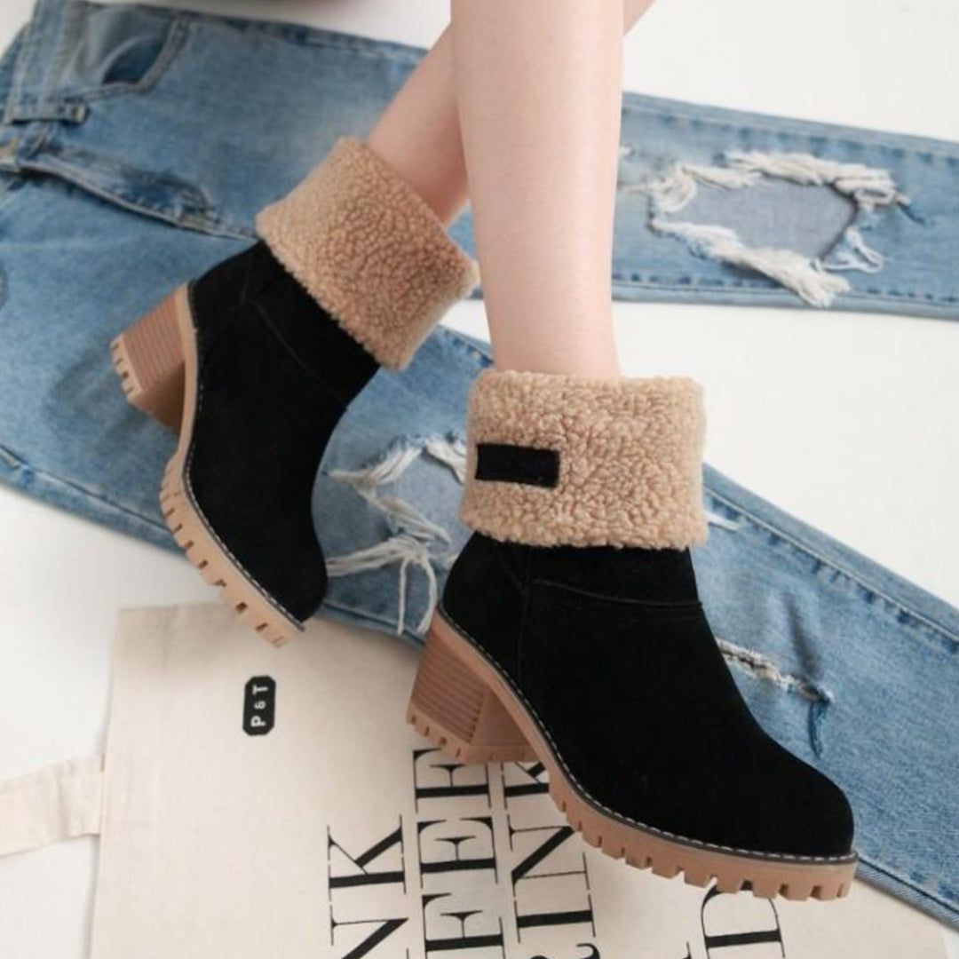 Women's Black Sherpa-Cuff Heeled Winter Ankle Boots