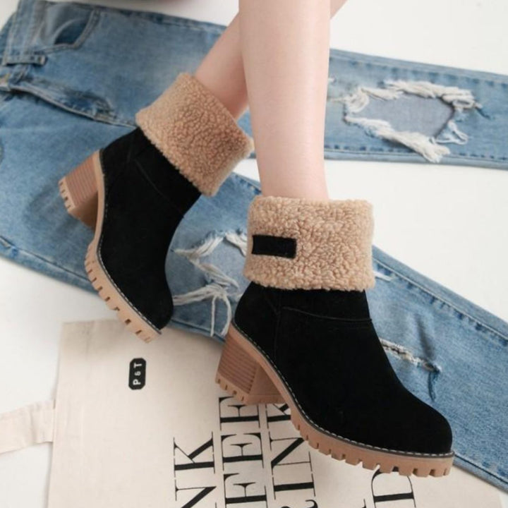 Women's Black Sherpa-Cuff Heeled Winter Ankle Boots