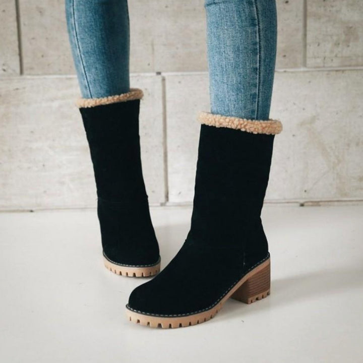 Women's Black Sherpa-Cuff Heeled Winter Ankle Boots