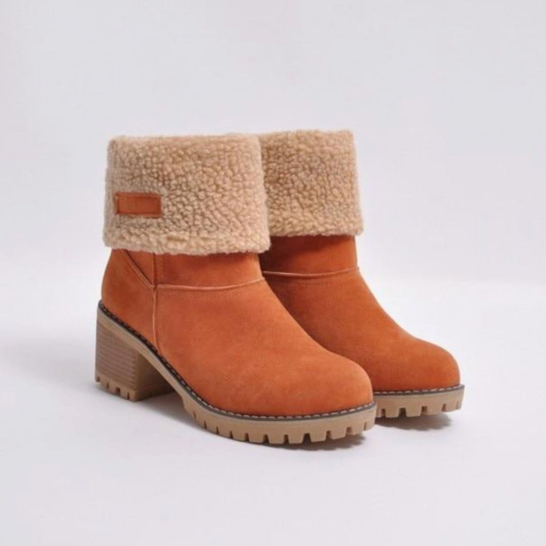 Women's Black Sherpa-Cuff Heeled Winter Ankle Boots - Orange