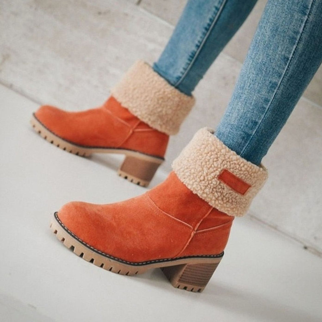 Women's Black Sherpa-Cuff Heeled Winter Ankle Boots