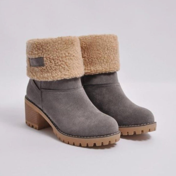 Women's Black Sherpa-Cuff Heeled Winter Ankle Boots - Grey