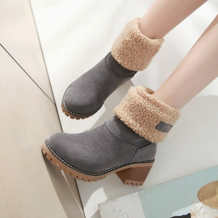 Women's Black Sherpa-Cuff Heeled Winter Ankle Boots