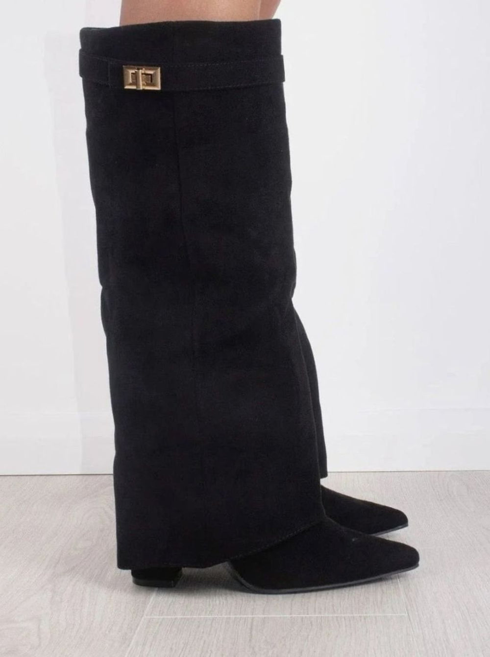 Women's Black Suede Fold-Over Knee-High Heeled Boots Gold Clasp
