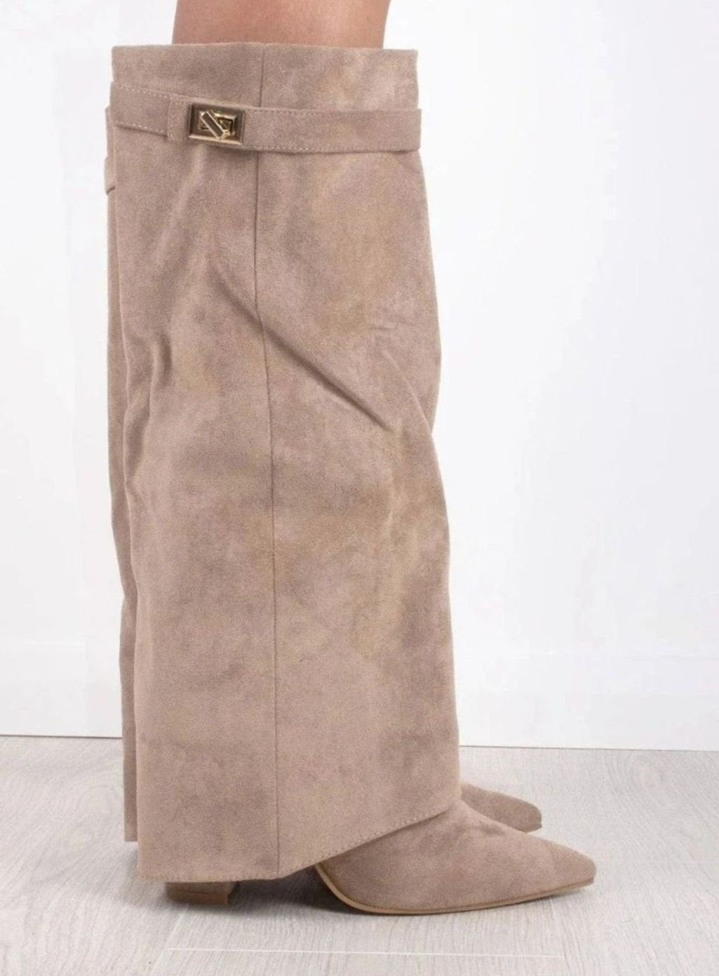 Women's Black Suede Fold-Over Knee-High Heeled Boots Gold Clasp