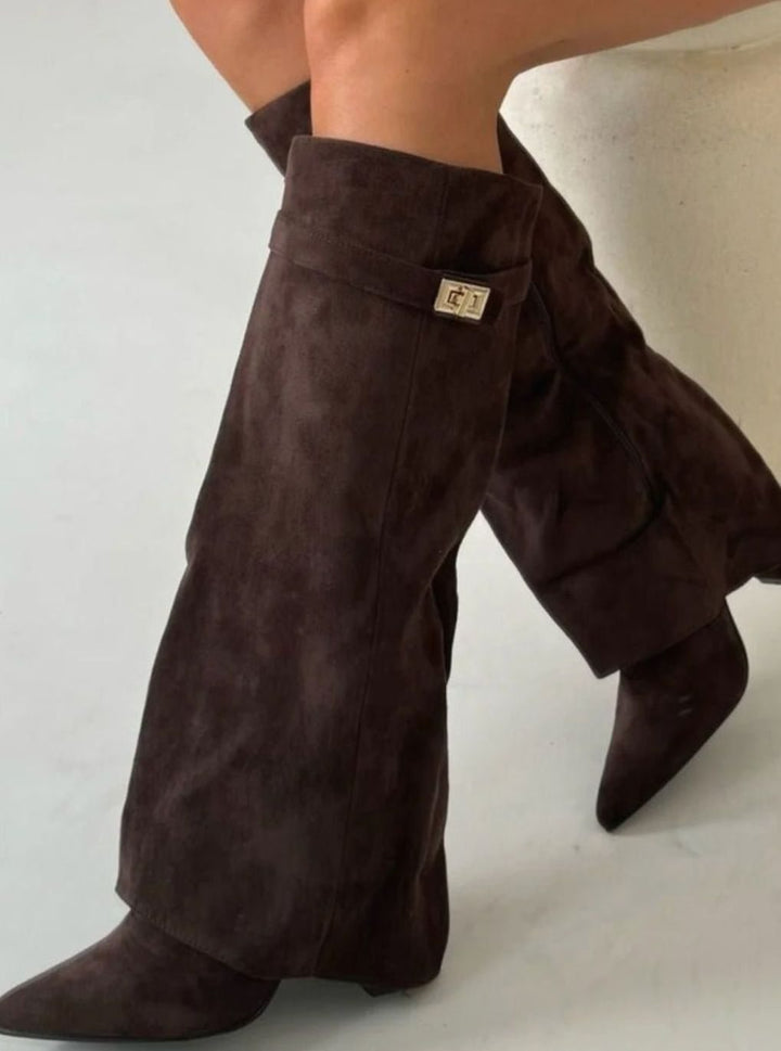 Women's Black Suede Fold-Over Knee-High Heeled Boots Gold Clasp
