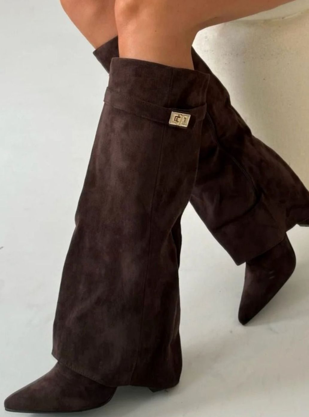 Women's Black Suede Fold-Over Knee-High Heeled Boots Gold Clasp