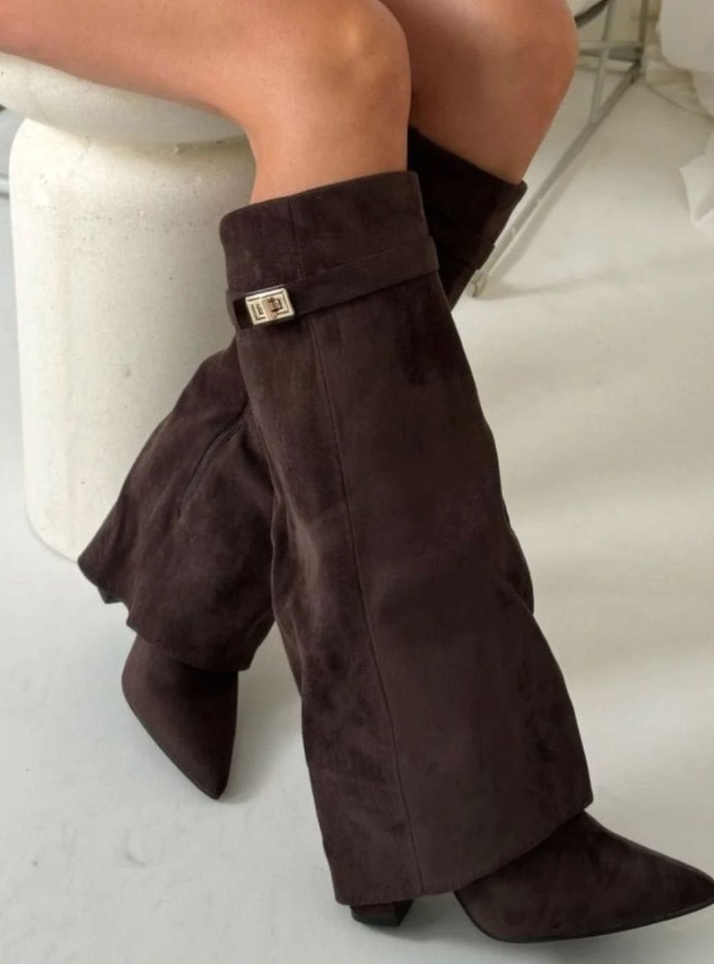 Women's Black Suede Fold-Over Knee-High Heeled Boots Gold Clasp