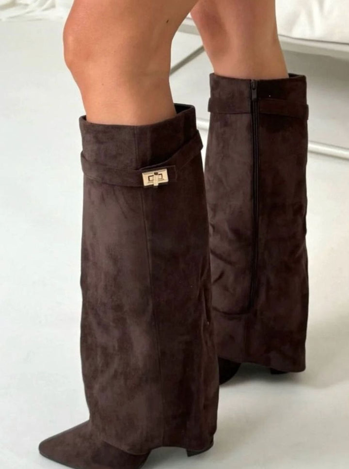 Women's Black Suede Fold-Over Knee-High Heeled Boots Gold Clasp