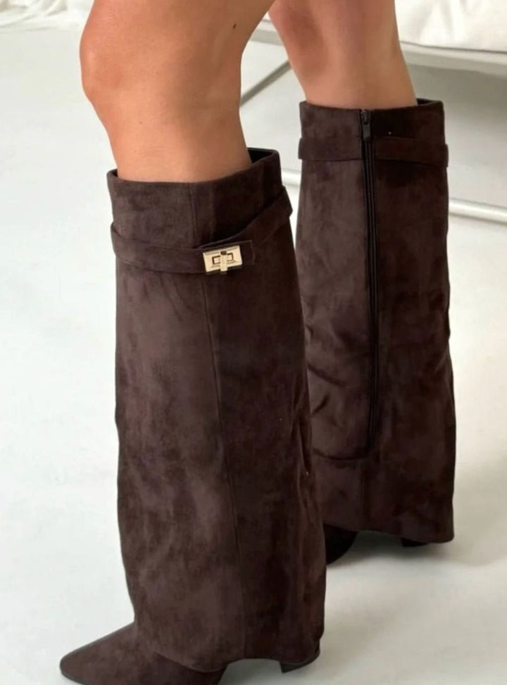 Women's Black Suede Fold-Over Knee-High Heeled Boots Gold Clasp