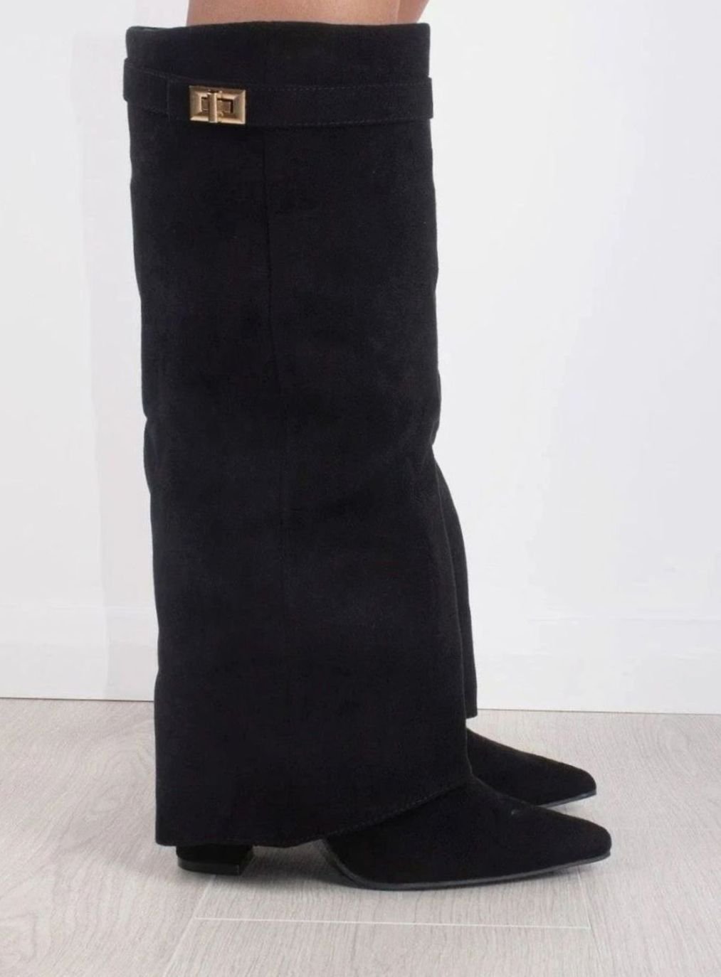 Women's Black Suede Fold-Over Knee-High Heeled Boots Gold Clasp