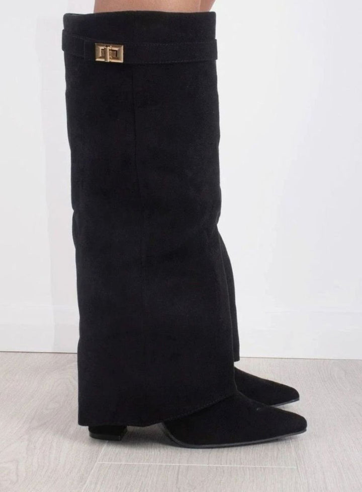 Women's Black Suede Fold-Over Knee-High Heeled Boots Gold Clasp