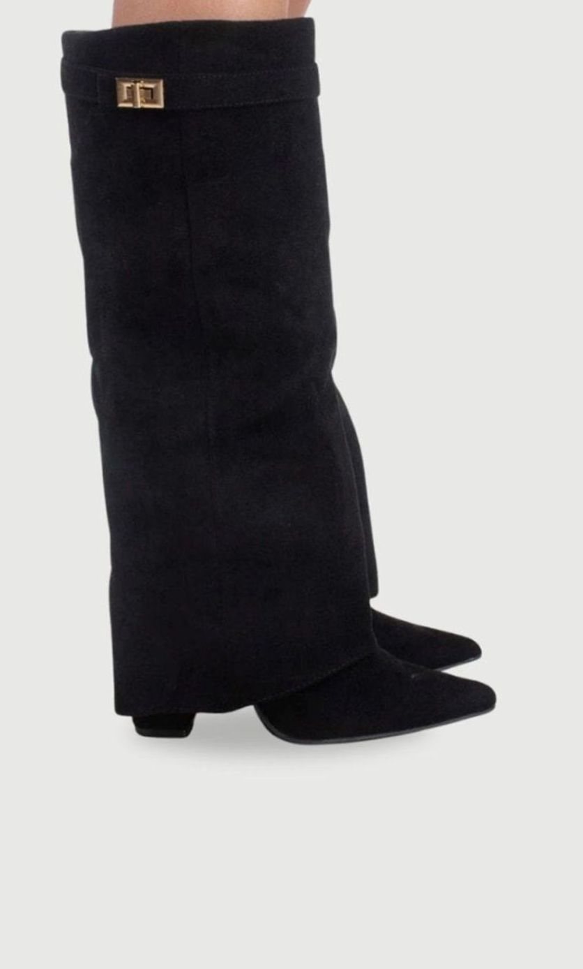 Women's Black Suede Fold-Over Knee-High Heeled Boots Gold Clasp