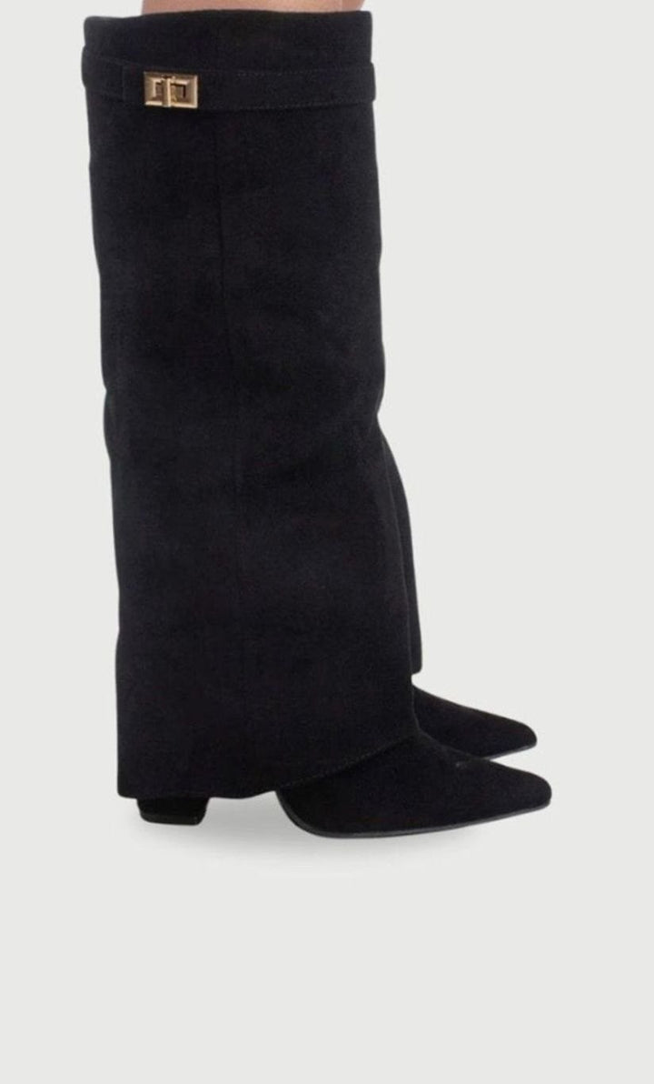 Women's Black Suede Fold-Over Knee-High Heeled Boots Gold Clasp