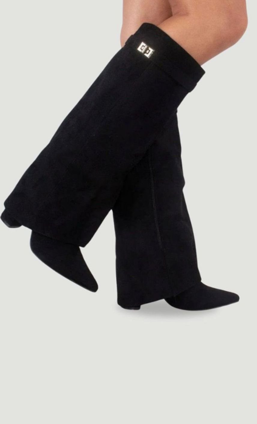 Women's Black Suede Fold-Over Knee-High Heeled Boots Gold Clasp