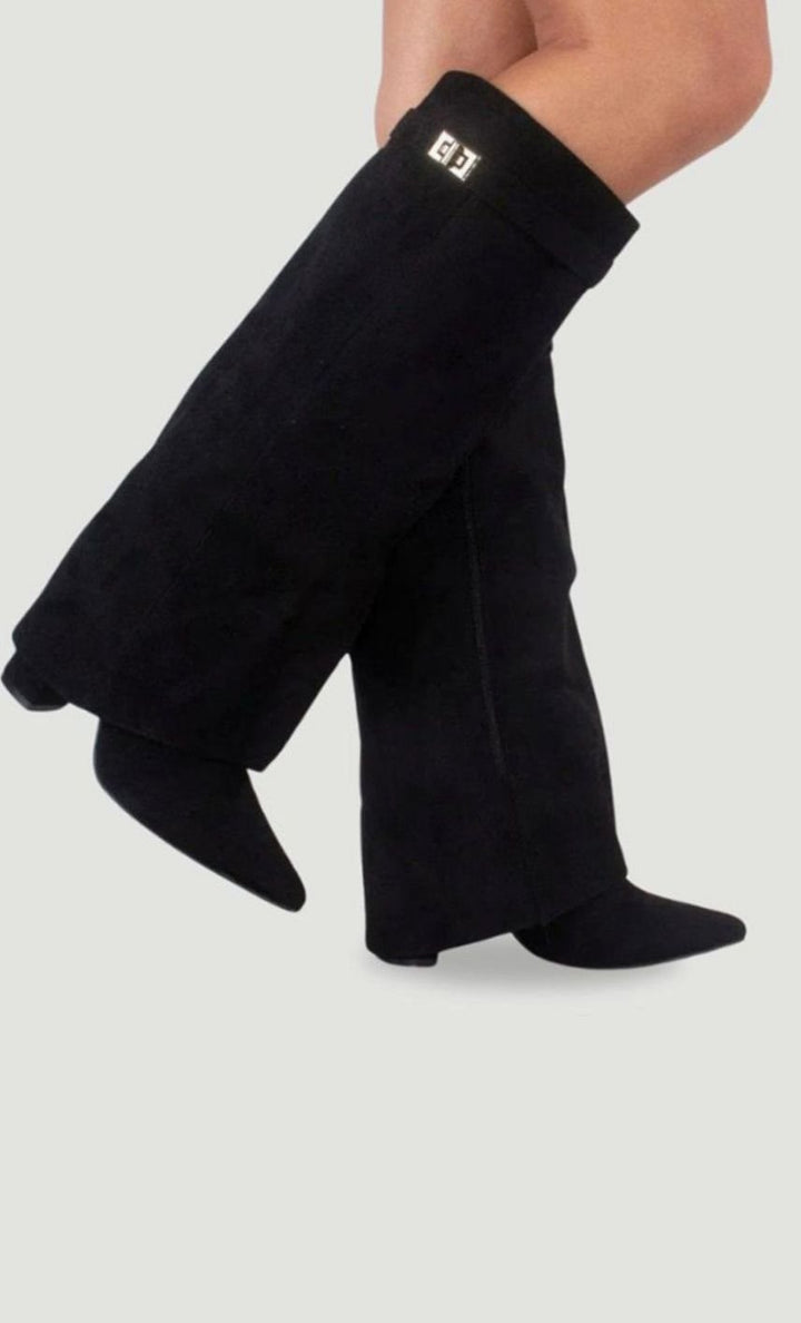 Women's Black Suede Fold-Over Knee-High Heeled Boots Gold Clasp