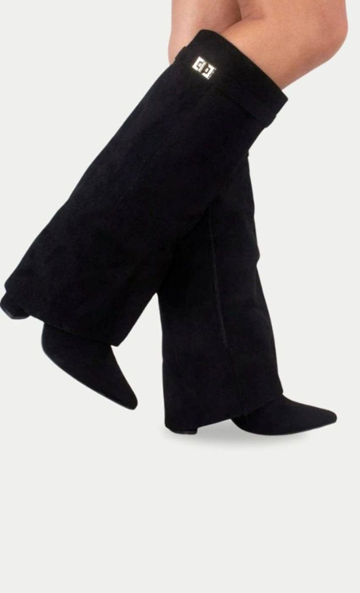 Women's Black Suede Fold-Over Knee-High Heeled Boots Gold Clasp