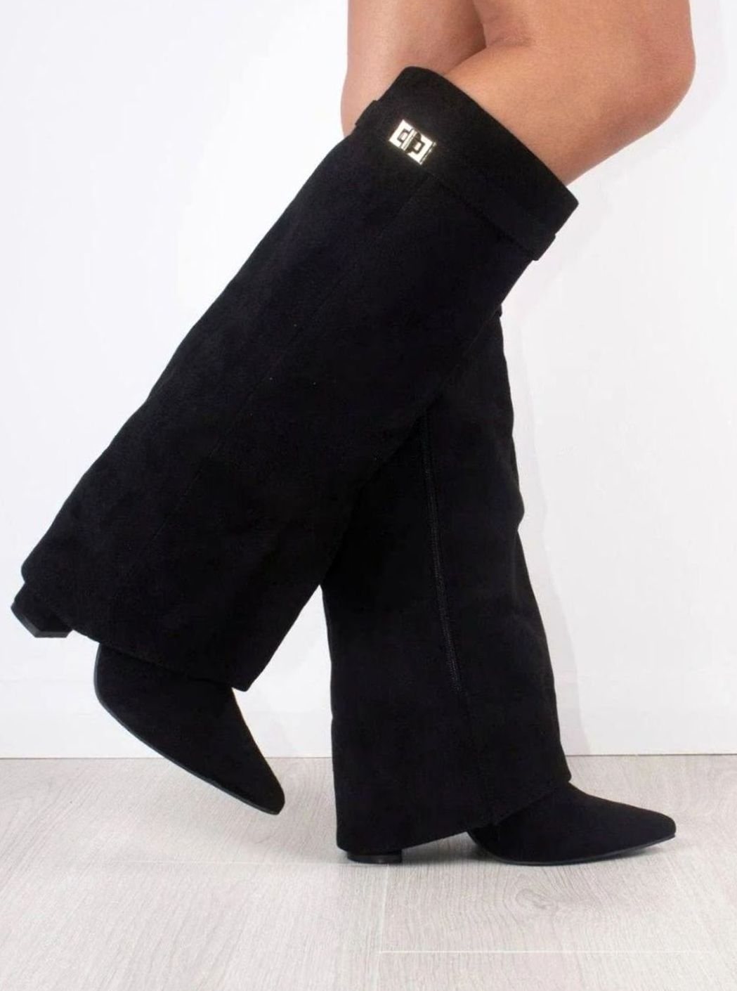 Women's Black Suede Fold-Over Knee-High Heeled Boots Gold Clasp