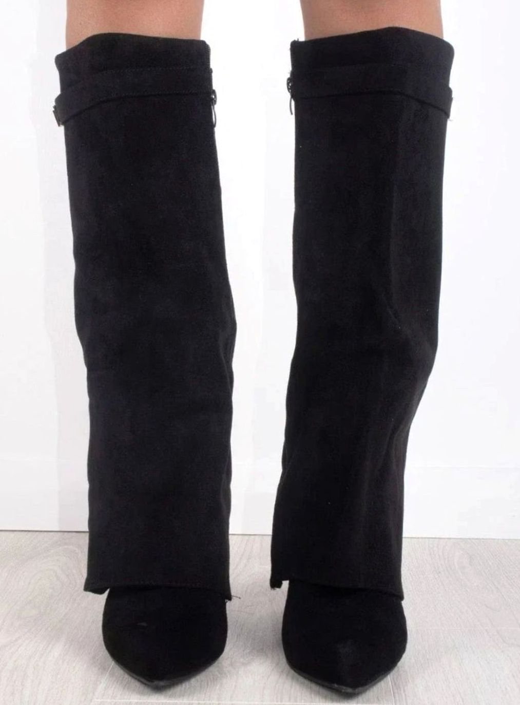 Women's Black Suede Fold-Over Knee-High Heeled Boots Gold Clasp