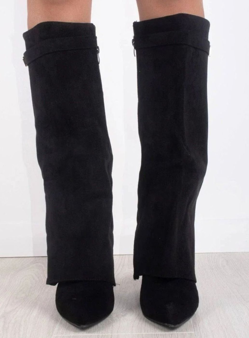 Women's Black Suede Fold-Over Knee-High Heeled Boots Gold Clasp