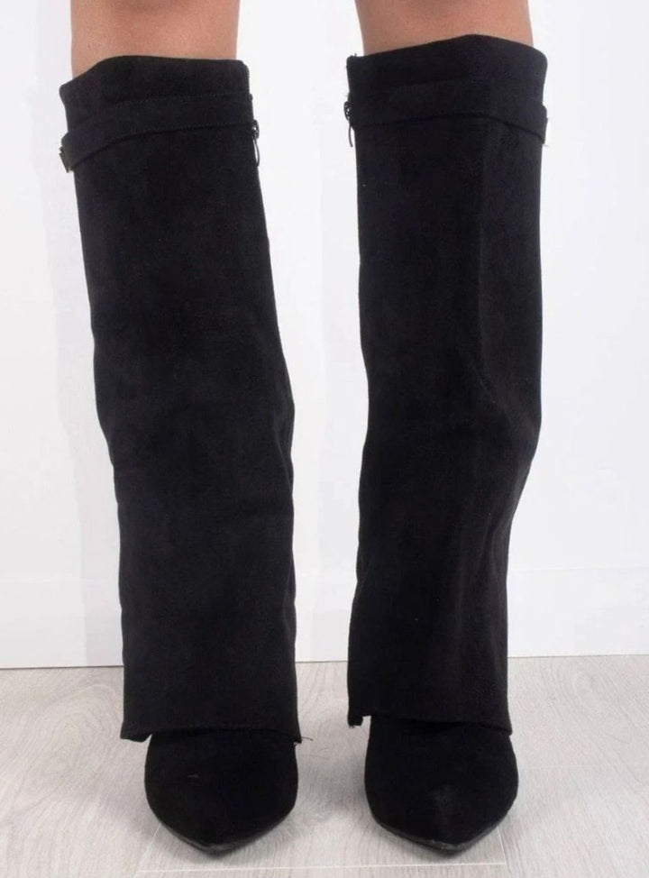 Women's Black Suede Fold-Over Knee-High Heeled Boots Gold Clasp