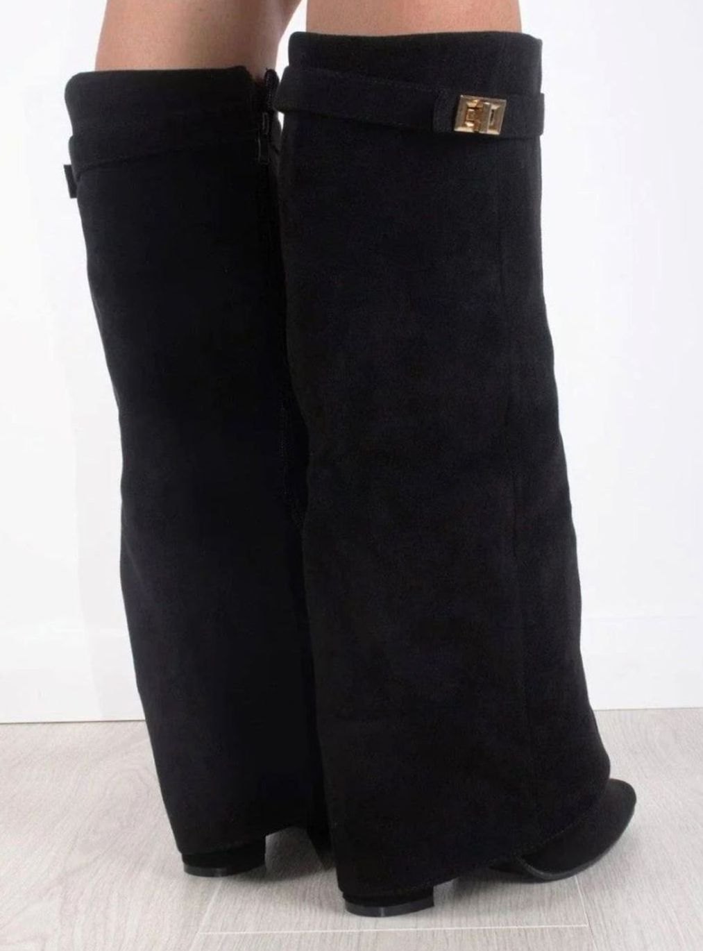 Women's Black Suede Fold-Over Knee-High Heeled Boots Gold Clasp