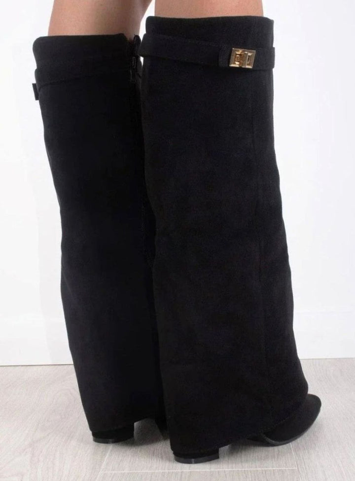 Women's Black Suede Fold-Over Knee-High Heeled Boots Gold Clasp
