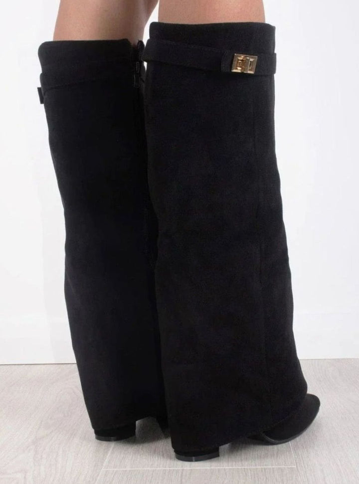 Women's Black Suede Fold-Over Knee-High Heeled Boots Gold Clasp
