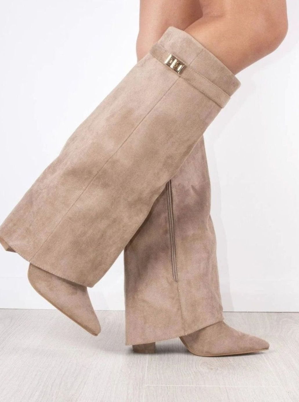 Women's Black Suede Fold-Over Knee-High Heeled Boots Gold Clasp