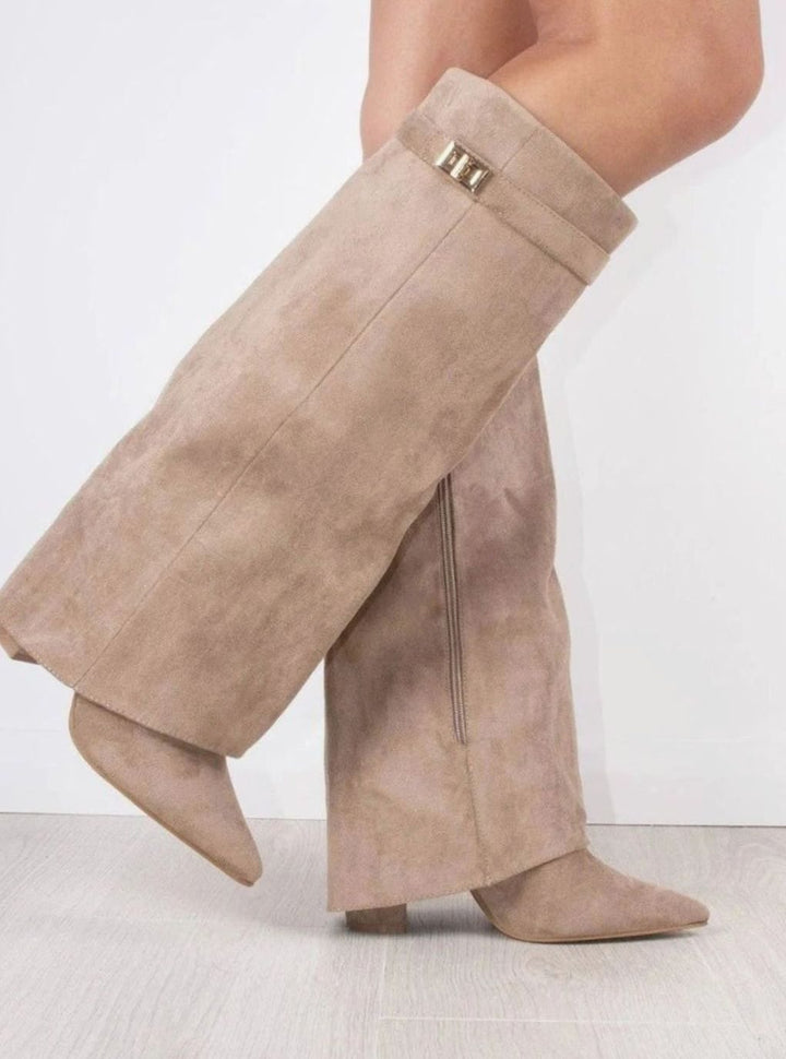 Women's Black Suede Fold-Over Knee-High Heeled Boots Gold Clasp