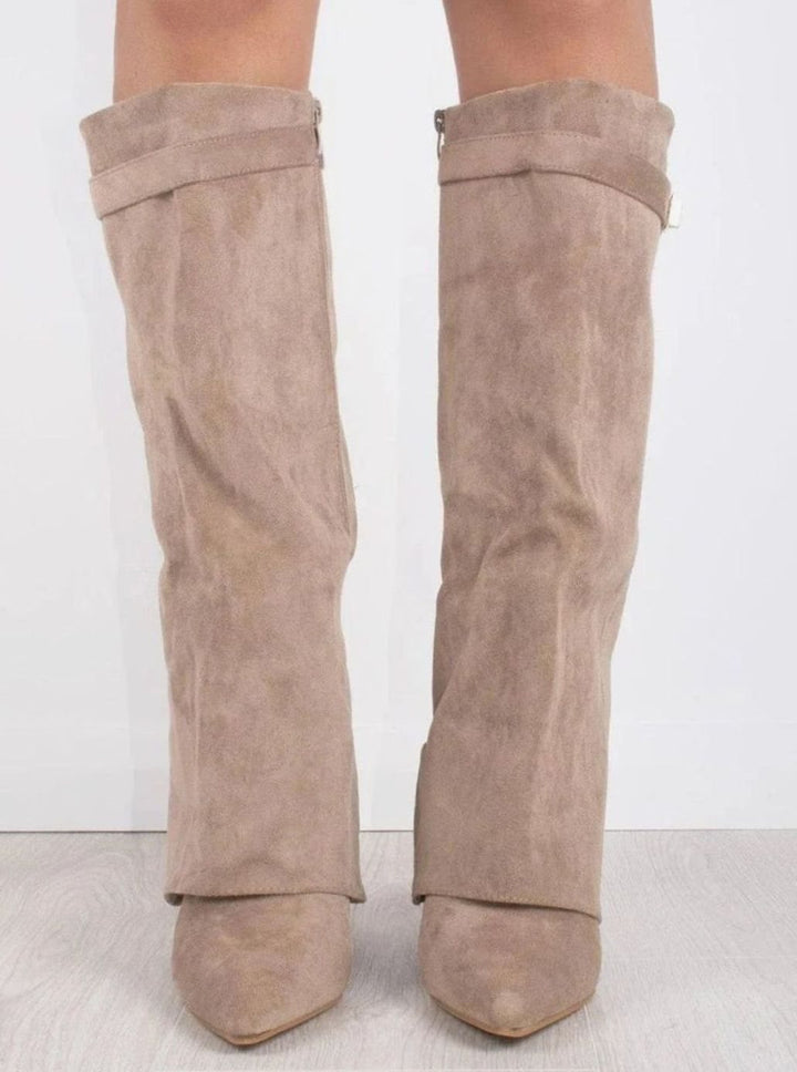 Women's Black Suede Fold-Over Knee-High Heeled Boots Gold Clasp