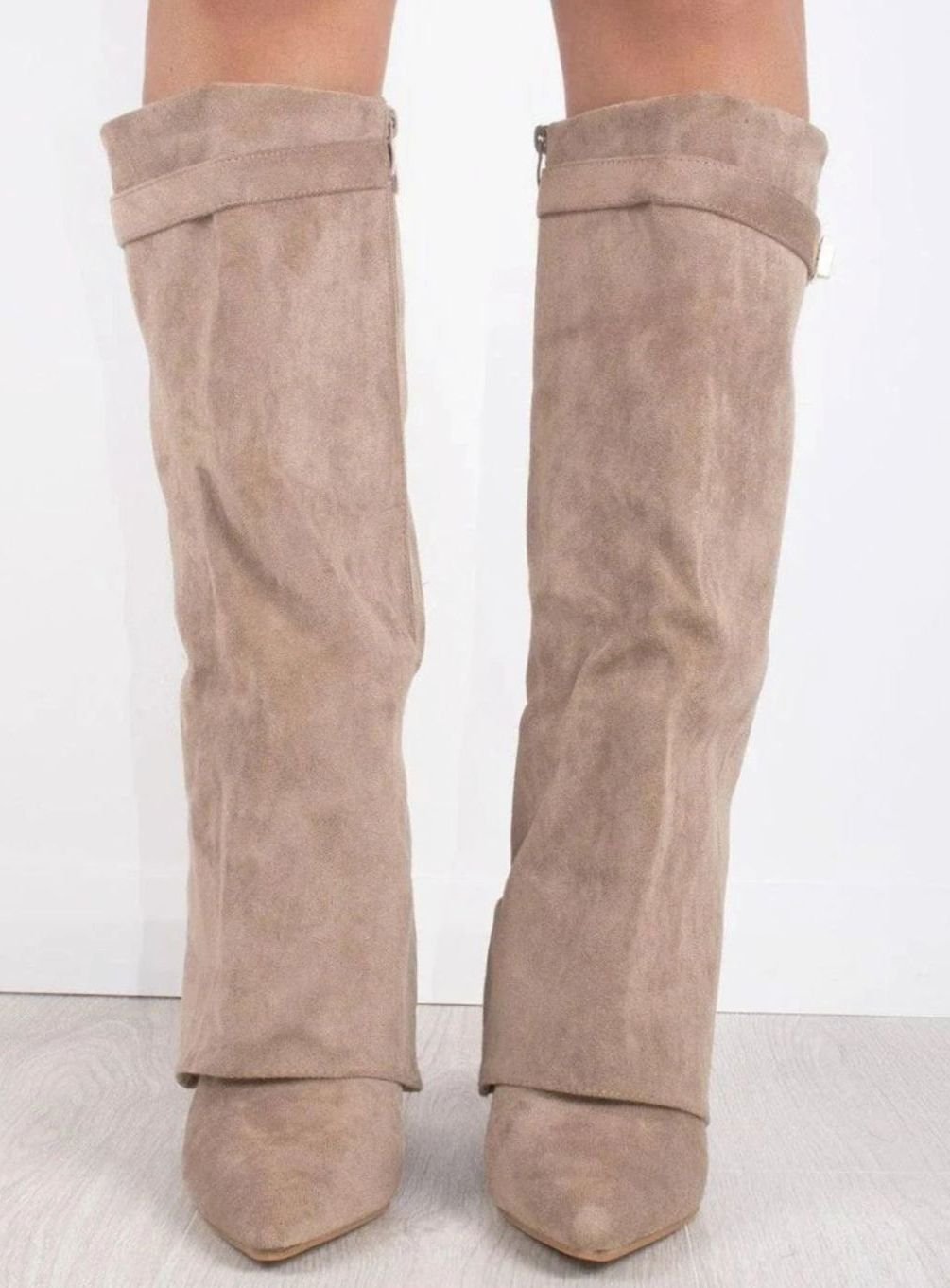 Women's Black Suede Fold-Over Knee-High Heeled Boots Gold Clasp