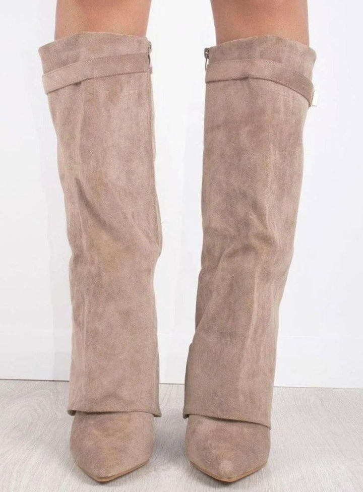 Women's Black Suede Fold-Over Knee-High Heeled Boots Gold Clasp