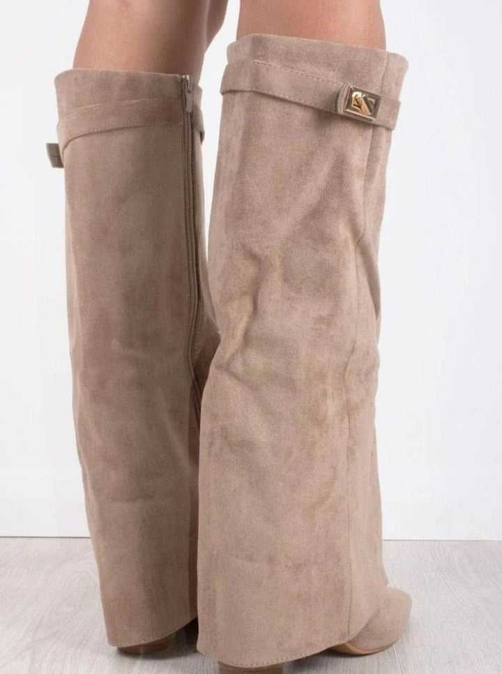 Women's Black Suede Fold-Over Knee-High Heeled Boots Gold Clasp
