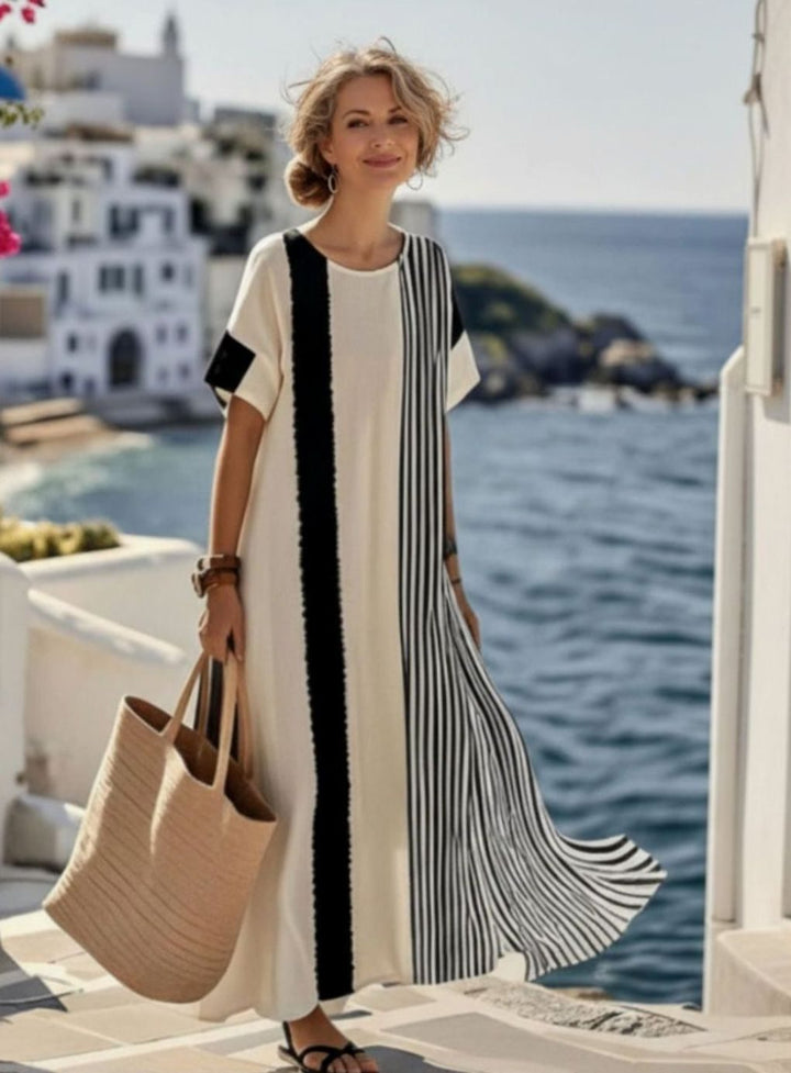 Women's Black White Striped Panel Relaxed Maxi Dress
