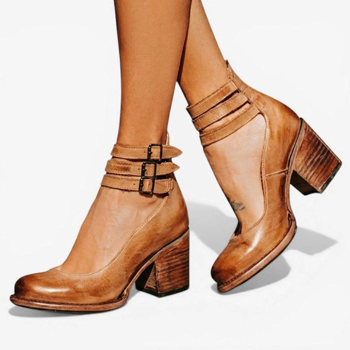 Women's Block Heel Ankle Boots Double Buckle Strap - Light Brown