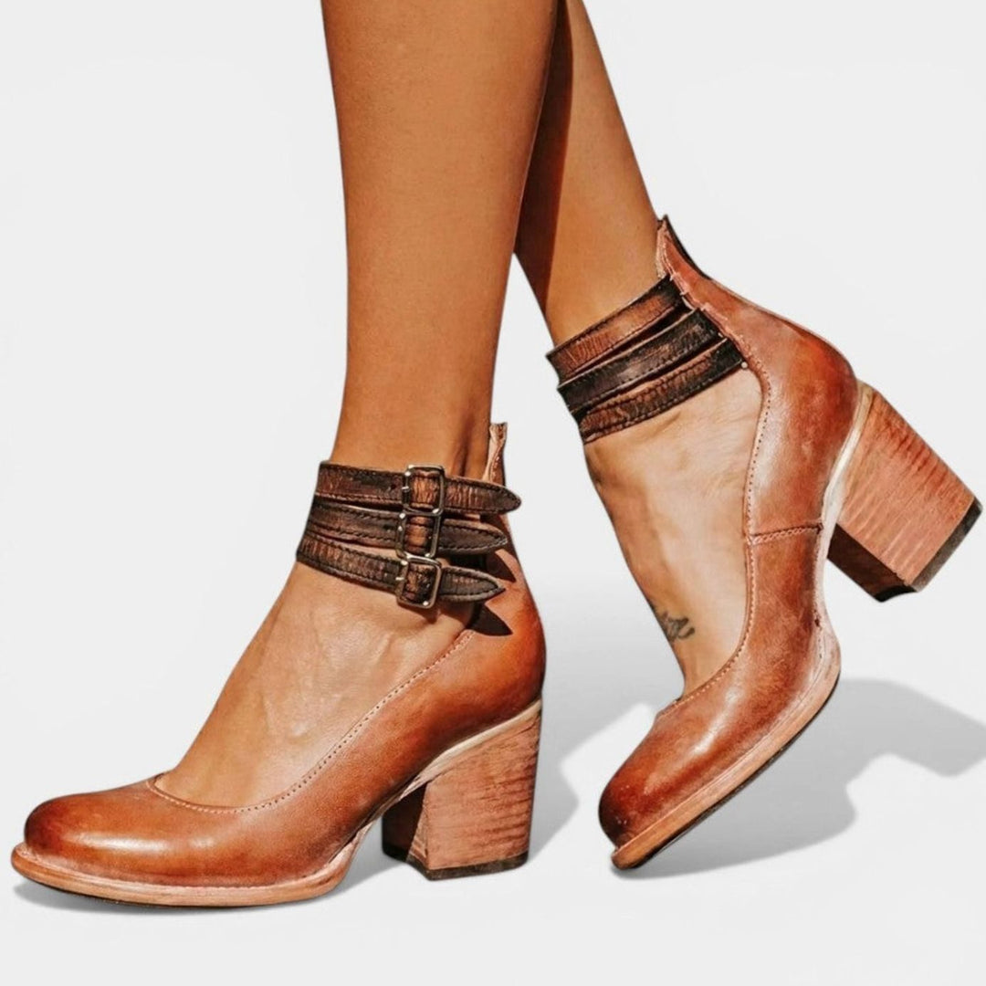 Women's Block Heel Ankle Boots Double Buckle Strap - Brown