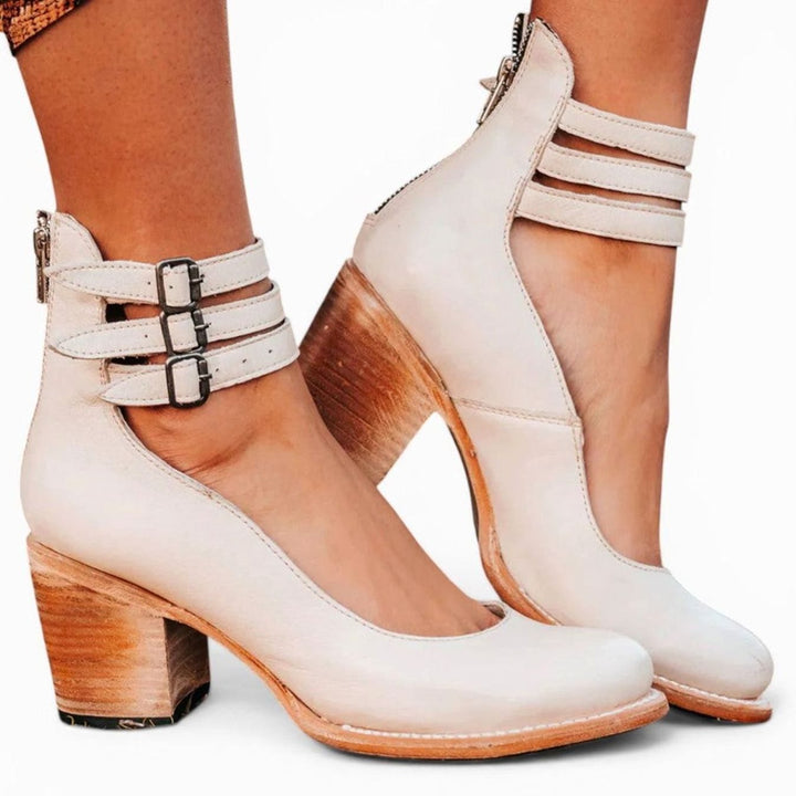 Women's Block Heel Ankle Boots Double Buckle Strap - White