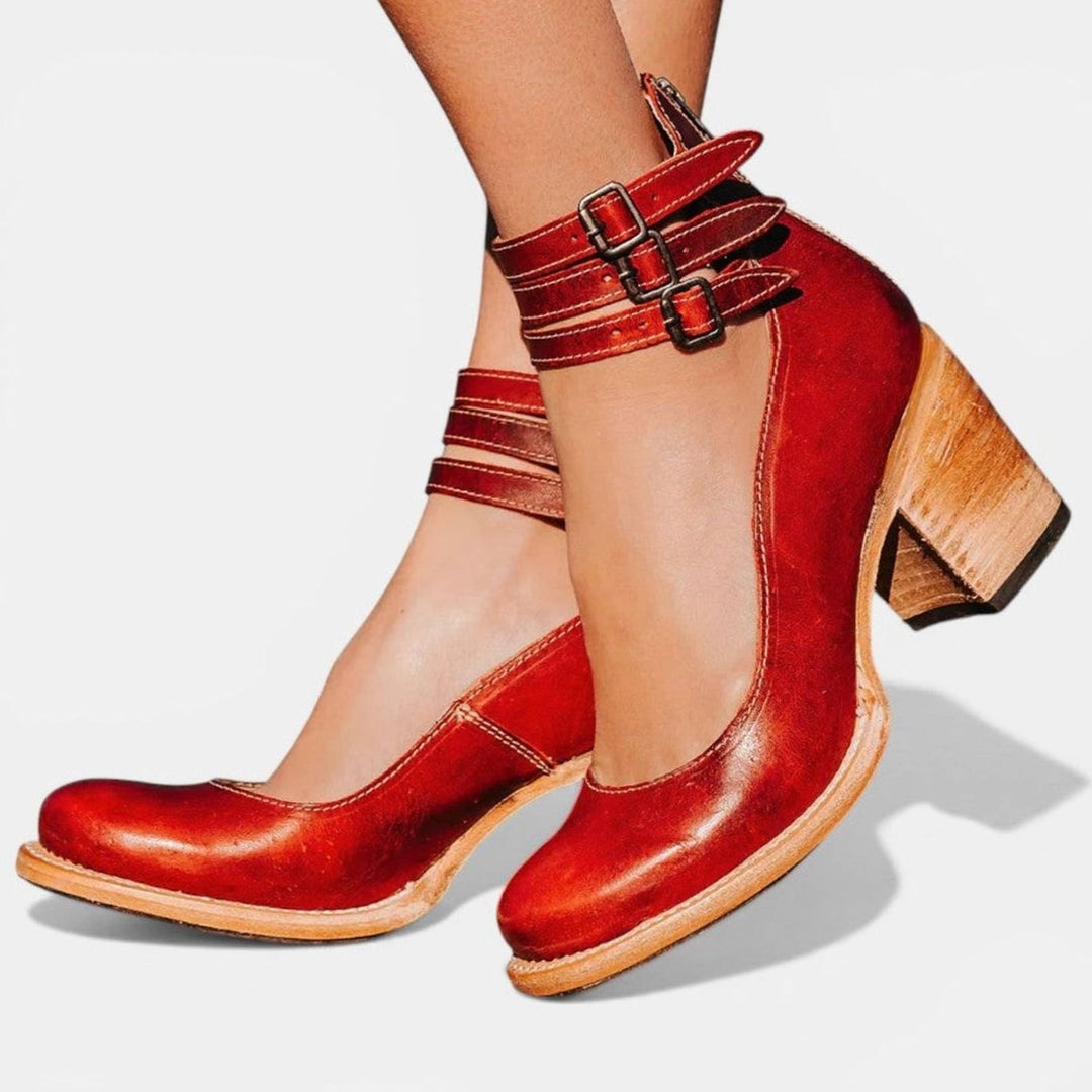 Women's Block Heel Ankle Boots Double Buckle Strap - Red
