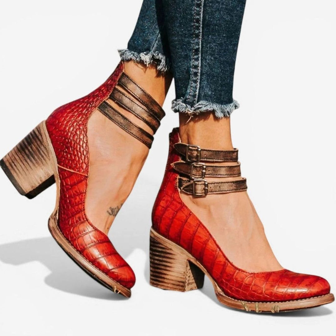 Women's Block Heel Ankle Boots Double Buckle Strap - Red Brown
