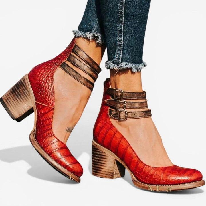 Women's Block Heel Ankle Boots Double Buckle Strap - Red Brown