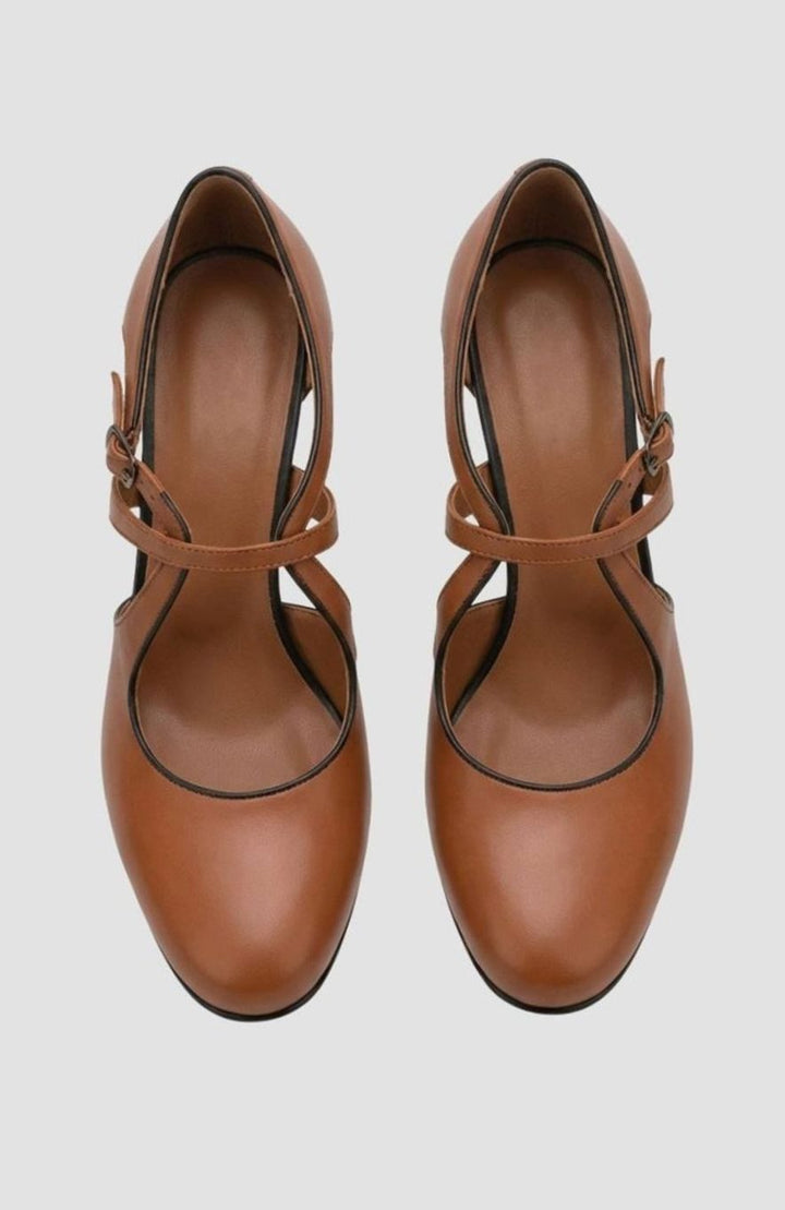 Women's Block-Heel Leather Crossover Strap Pumps