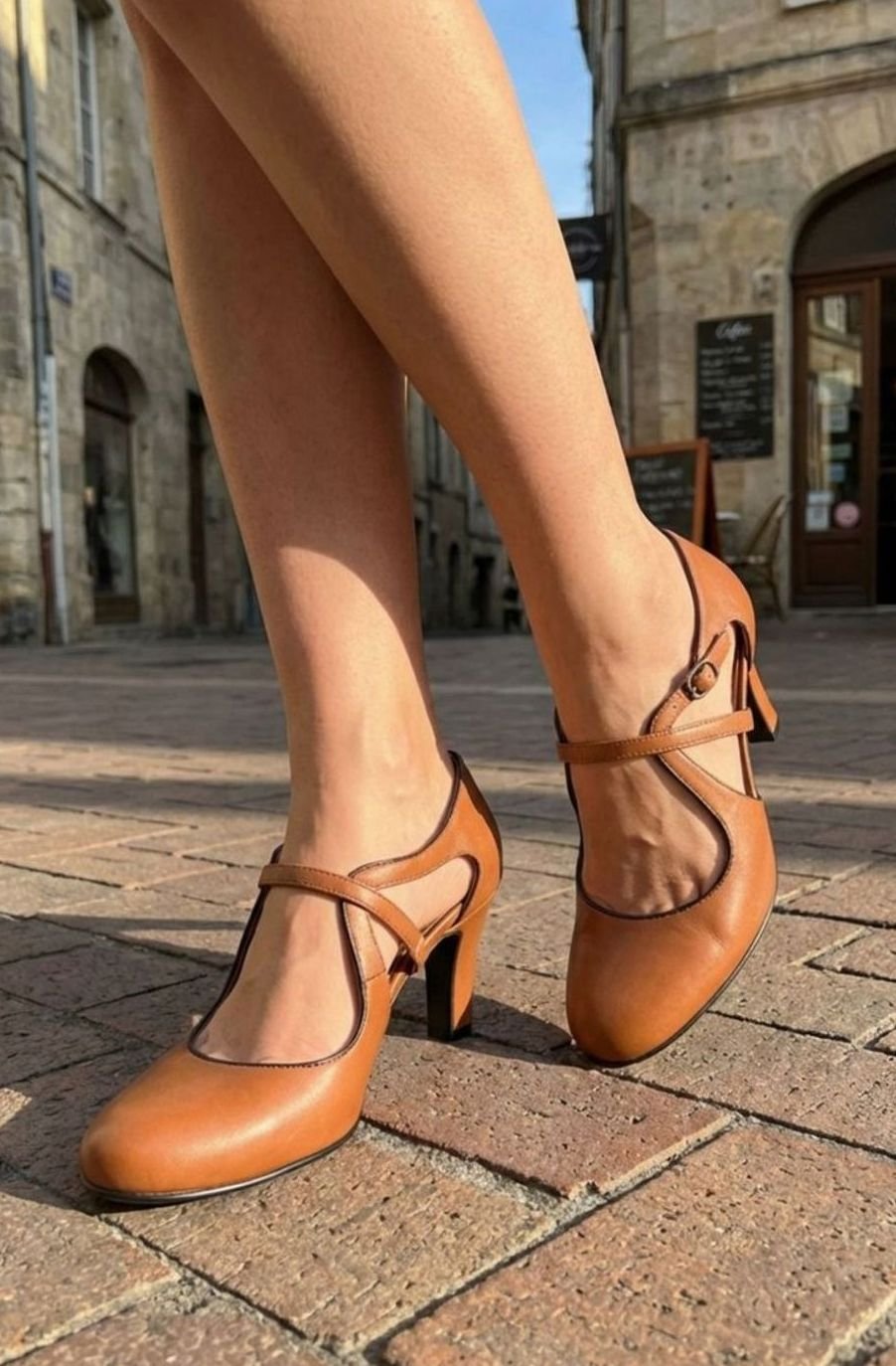 Women's Block-Heel Leather Crossover Strap Pumps