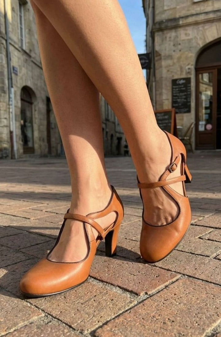 Women's Block-Heel Leather Crossover Strap Pumps