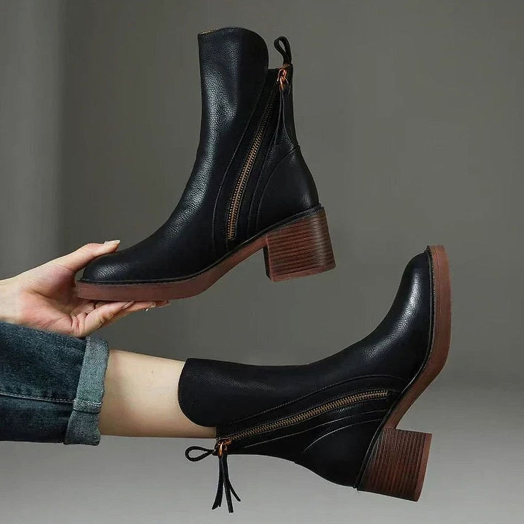 Women's Block-Heel Side-Zip Leather-Look Ankle Boots - Black