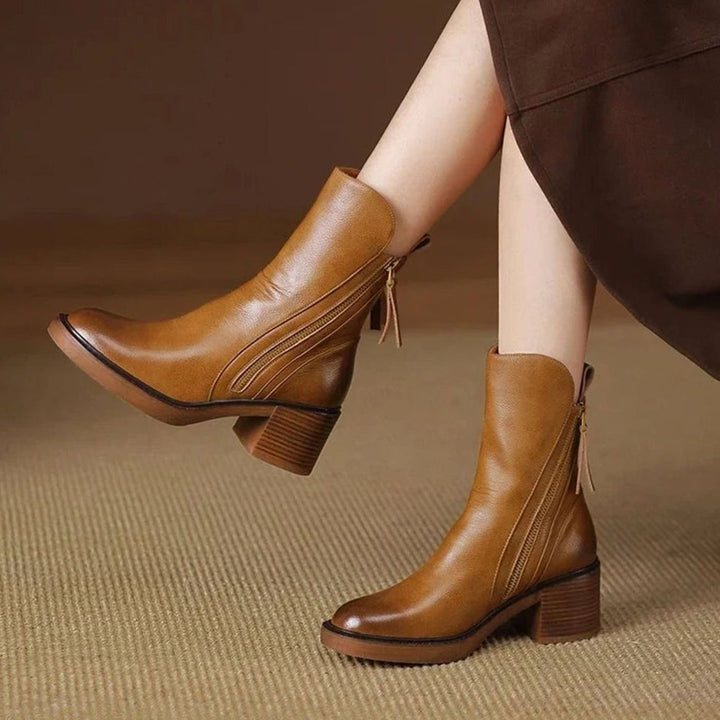 Women's Block-Heel Side-Zip Leather-Look Ankle Boots - Brown