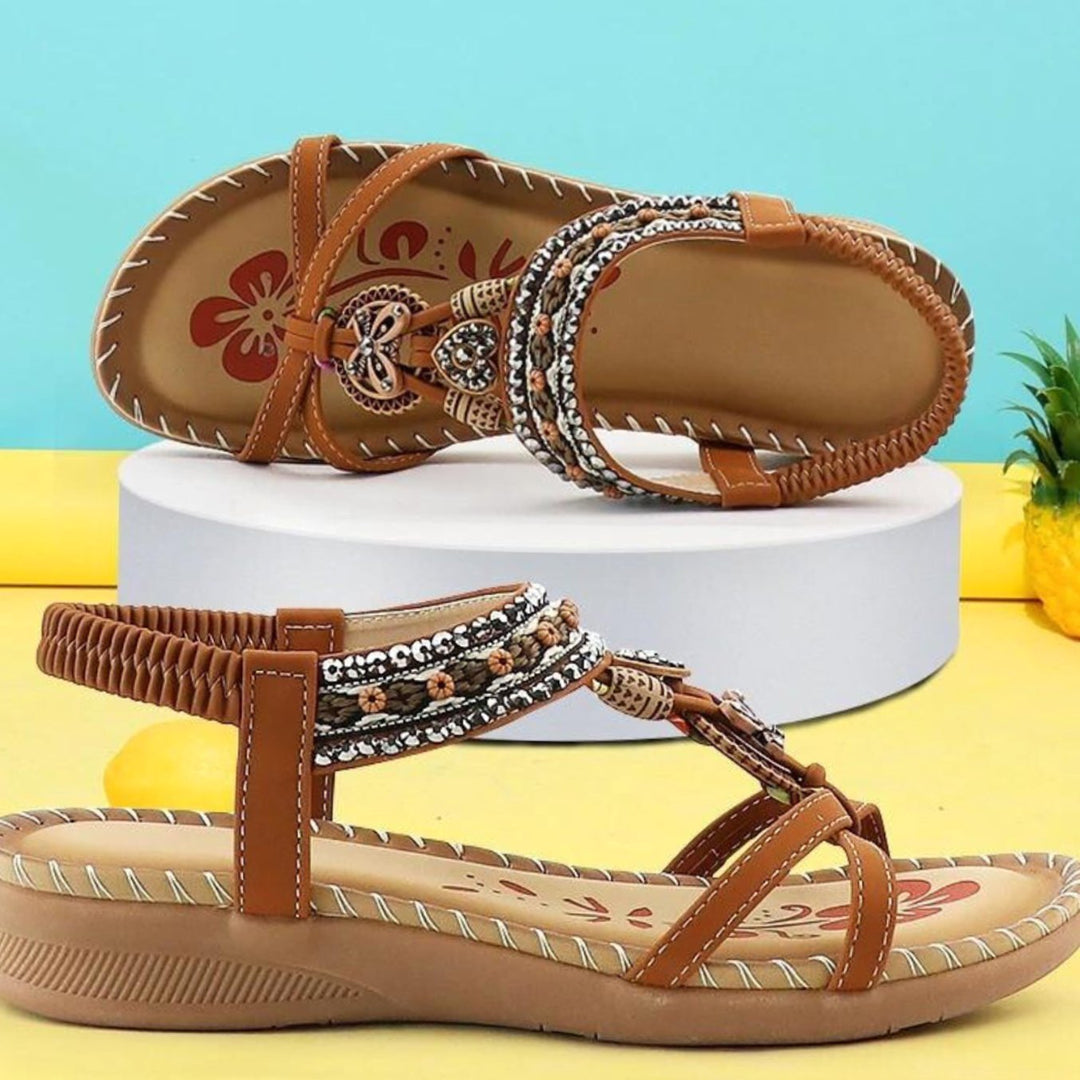 Women's Bohemian Beaded Elastic Ankle-Strap Flat Sandals
